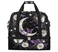 Entemne Large Travel Bag for Women Men Butterflies Purple Flowera Moon Foldable Duffle Holdall Bag with Shoe Compartment Lightweight Carry on Luggage Tote Overnight Weekender Duffels