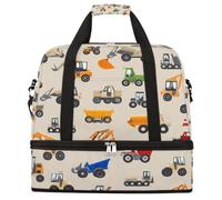 Entemne Large Travel Bag for Women Men Construction Trucks Diggers Beige Foldable Duffle Holdall Bag with Shoe Compartment Lightweight Carry on Luggage Tote Overnight Weekender Duffels