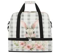 Entemne Large Travel Bag for Women Men Cute Easter Bunny Classic Plaid Foldable Duffle Holdall Bag with Shoe Compartment Lightweight Carry on Luggage Tote Overnight Weekender Duffels