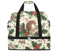 Entemne Large Travel Bag for Women Men Cute Squirrel Xmas Berry Pattern Foldable Duffle Holdall Bag with Shoe Compartment Lightweight Carry on Luggage Tote Overnight Weekender Duffels