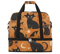 Entemne Large Travel Bag for Women Men Halloween Black Cats Orange Foldable Duffle Holdall Bag with Shoe Compartment Lightweight Carry on Luggage Tote Overnight Weekender Duffels