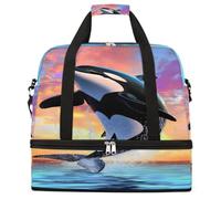 Entemne Large Travel Bag for Women Men Ocean Orca Whale Jumping Art Foldable Duffle Holdall Bag with Shoe Compartment Lightweight Carry on Luggage Tote Overnight Weekender Duffels