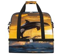Entemne Large Travel Bag for Women Men Sea Orca Killer Whale Sunset Foldable Duffle Holdall Bag with Shoe Compartment Lightweight Carry on Luggage Tote Overnight Weekender Duffels