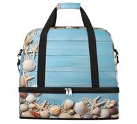 Entemne Large Travel Bag for Women Men Seashells Starfish Wooden Grain Foldable Duffle Holdall Bag with Shoe Compartment Lightweight Carry on Luggage Tote Overnight Weekender Duffels
