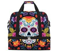 Entemne Large Travel Bag for Women Men Sugar Skulll Day of The Dead Pattern Foldable Duffle Holdall Bag with Shoe Compartment Lightweight Carry on Luggage Tote Overnight Weekender Duffels