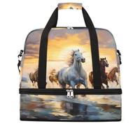 Entemne Large Travel Bag for Women Men Wild Horses Running Sea Beach Foldable Duffle Holdall Bag with Shoe Compartment Lightweight Carry on Luggage Tote Overnight Weekender Duffels