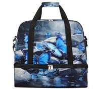 Entemne Large Travel Bag for Women Men Winter Blue Butterflies Rocks River Foldable Duffle Holdall Bag with Shoe Compartment Lightweight Carry on Luggage Tote Overnight Weekender Duffels