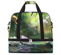 Entemne Large Travel Bag for Women Men Zen Garden Lotus Bamboo Japan Foldable Duffle Holdall Bag with Shoe Compartment Lightweight Carry on Luggage Tote Overnight Weekender Duffels