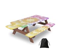 Entemne Pastel Rainbow Mandala Boho Picnic Table Cover Set with 2 Bench Covers, 5ft Waterproof Windproof Fitted Tablecloth Table Protector with Elastic Edged for Camping BBQ RV Garden Parties