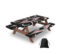 Entemne Pink Evil Eye Art Painting Picnic Table Cover Set with 2 Bench Covers, 5ft Waterproof Windproof Fitted Tablecloth Table Protector with Elastic Edged for Camping BBQ RV Garden Parties