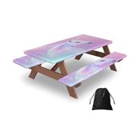 Entemne Rainbow Unicorn Fantasy Magic Picnic Table Cover Set with 2 Bench Covers, 5ft Waterproof Windproof Fitted Tablecloth Table Protector with Elastic Edged for Camping BBQ RV Garden Parties