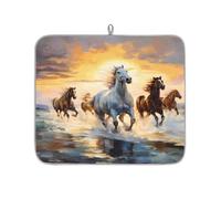 Entemne Small Dish Drying Mat 40x46cm Wild Horses Running Sea Beach Drying Mat for Kitchen Counter Protector Absorbent Heat Resistant Coffee Bar Mats Drainer Rack Pad