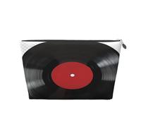 Entemne Small Makeup Bag Black Vinyl Record Red Label Waterproof PVC Leather Cosmetic Organiser Bag Women Girls Portable Travel Toiletry Pouch for Handbag Gym Gifts