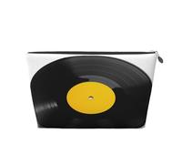Entemne Small Makeup Bag Black Vinyl Record Yellow Label Waterproof PVC Leather Cosmetic Organiser Bag Women Girls Portable Travel Toiletry Pouch for Handbag Gym Gifts