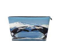 Entemne Small Makeup Bag Cute Orcas Jumping Art Paitning Waterproof PVC Leather Cosmetic Organiser Bag Women Girls Portable Travel Toiletry Pouch for Handbag Gym Gifts