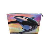 Entemne Small Makeup Bag Ocean Orca Whale Jumping Art Waterproof PVC Leather Cosmetic Organiser Bag Women Girls Portable Travel Toiletry Pouch for Handbag Gym Gifts