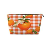 Entemne Small Makeup Bag Orange Flowers Buffalo Check Waterproof PVC Leather Cosmetic Organiser Bag Women Girls Portable Travel Toiletry Pouch for Handbag Gym Gifts