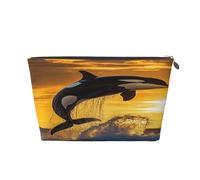 Entemne Small Makeup Bag Sea Orca Killer Whale Sunset Waterproof PVC Leather Cosmetic Organiser Bag Women Girls Portable Travel Toiletry Pouch for Handbag Gym Gifts
