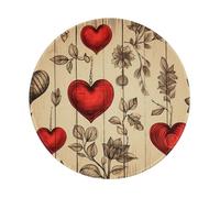 Entemne Small Round Mouse Mat Vintage Wooden Red Hearts Non-Slip Rubber Base Mouse Pad 20cm Computer Mousepad Portable Washable Desk Mat For Office Laptop Gaming Gift, 1 Pc