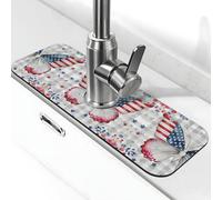 Entemne USA Flag Red Blue Butterfly Check Pattern Faucet Mat for Kitchen Sink Absorbent Splash Guard Drip Catcher Tray Faucet Draining Pad Tap Mat for Bathroom Counter