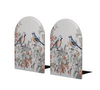 Entemne Vintage Watercolor Birds Winter Berry Wood Book Ends 1 Pair Non-Slip L-Shaped Large Bookend with Metal Base Heavy Duty Decorative Book Stoppers for Shelves Office School