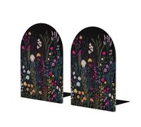 Entemne Wild Flowers Wood Book Ends 1 Pair Non-Slip L-Shaped Large Bookend with Metal Base Heavy Duty Decorative Book Stoppers for Shelves Office School