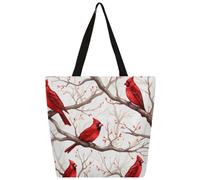 Entemne Women's Large Canvas Tote Bag Cardinals Bird WinterGrocery Bag with Zipper Pocket Reusable Eco-Friendly Shopping Shoulder Bag for Work Travel Everyday Use