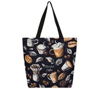 Entemne Women's Large Canvas Tote Bag Coffee Theme Pattern Beans CupGrocery Bag with Zipper Pocket Reusable Eco-Friendly Shopping Shoulder Bag for Work Travel Everyday Use
