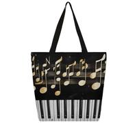 Entemne Women's Large Canvas Tote Bag Golden Music Notes Piano KeyboardGrocery Bag with Zipper Pocket Reusable Eco-Friendly Shopping Shoulder Bag for Work Travel Everyday Use
