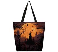 Entemne Women's Large Canvas Tote Bag Halloween Cemetery Graveyard Bats Moon Grocery Bag with Zipper Pocket Reusable Eco-Friendly Shopping Shoulder Bag for Work Travel Everyday Use