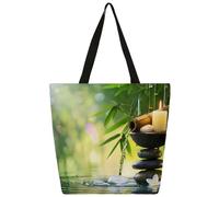 Entemne Women's Large Canvas Tote Bag Japanese Zen Bamboo Art PaintingGrocery Bag with Zipper Pocket Reusable Eco-Friendly Shopping Shoulder Bag for Work Travel Everyday Use