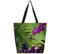 Entemne Women's Large Canvas Tote Bag Japanese Zen Purple Candle Orchid FlowersGrocery Bag with Zipper Pocket Reusable Eco-Friendly Shopping Shoulder Bag for Work Travel Everyday Use