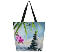 Entemne Women's Large Canvas Tote Bag Japanese Zen Stone FlowerGrocery Bag with Zipper Pocket Reusable Eco-Friendly Shopping Shoulder Bag for Work Travel Everyday Use