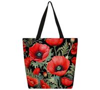 Entemne Women's Large Canvas Tote Bag Red Poppy Flowers PatternGrocery Bag with Zipper Pocket Reusable Eco-Friendly Shopping Shoulder Bag for Work Travel Everyday Use