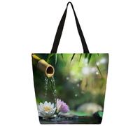 Entemne Women's Large Canvas Tote Bag Zen Garden Lotus Bamboo JapanGrocery Bag with Zipper Pocket Reusable Eco-Friendly Shopping Shoulder Bag for Work Travel Everyday Use