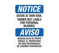 Enter At Own Risk Owner Not Liable For Personal Injuries Bilingual Warning,Store Security Metal Signs for Busines Home Street Wall Caution Decor 12x8 Inch
