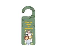 'Enter the Jungle of Imagination' Door Handle Hanger - Jungle Animals Design, Green Background, Great for Kids, Boys & Girls, Playroom Décor (doorh-ds23-jungleimag)