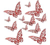 Entgoinggo 12 Pcs Red 3D Hollow Butterfly Wall Stickers PET Waterproof Decals, for Home Decor Wedding Party Living Room Easy Peel and Art Mural 8-12cm(B)