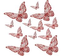 Entgoinggo 12 Pcs Red 3D Hollow Butterfly Wall Stickers PET Waterproof Decals, for Home Decor Wedding Party Living Room Easy Peel and Art Mural 8-12cm(C)