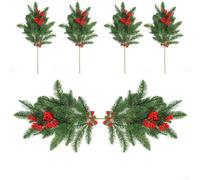 Entgoinggo 6Pcs Artificial Pine Branch Christmas Decoration Stems with Red Holly Berries and Faux Cedar Leaves for Holiday Season Wreaths Garlands and DIY Craft Projects