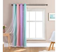 Entgoinggo Blackout Curtains For Girls Bedroom With Star Pattern And Lace Trim, Rainbow Gradient Princess Room Window Drapes For Kids, Nursery And Starry Night Theme Decor(Green-Violet Pink)