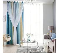 Entgoinggo Blackout Curtains For Girls Bedroom With Star Pattern And Lace Trim, Rainbow Gradient Princess Room Window Drapes For Kids, Nursery And Starry Night Theme Decor(Blue-Yellow)