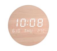Entgoinggo Digital Wall Clock, LED Round Wall Clock With Time Date Temperature Day Display, Silent Non-Ticking, MDF Wood And Cotton Linen Style(solid wood color)
