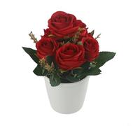 Entgoinggo Realistic Small Artificial Rose Flower Tree Pot, Potted Plants for Garden Decor, Colorful (Red)