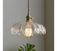 ENTHERONIC Modern Scalloped Glass Flower Pendant Lamp E27 Retro Indoor Ceiling Hanging Lights Adjustable Home Decorative Pendant Light for Bedroom Restaurant Hallway Kitchen Dining Room