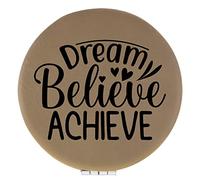Enthoozies Dream Believe Achieve Light Brown Laser Engraved Leatherette Compact Mirror - Stylish and Practical Portable Makeup Mirror - 2.5 Inch Diameter