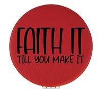 Enthoozies Faith It Till You Make It Religious Red Laser Engraved Leatherette Compact Mirror - Stylish and Practical Portable Makeup Mirror - 2.5 Inch Diameter