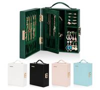 Enthralite Travel Jewellery Case, Travel Must Have, Portable Jewellery Box with Mirror, PU Leather Small Organizer for Rings, Earrings, Necklaces, Bracelets (Dark Green)