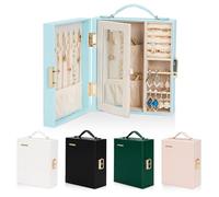 Enthralite Travel Jewellery Case, Travel Must Have, Portable Jewellery Box with Mirror, PU Leather Small Organizer for Rings, Earrings, Necklaces, Bracelets (Blue)