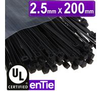 enTie Black Cable Ties 2.5mm x 200mm Nylon 66 UL Approved [100 Pack]